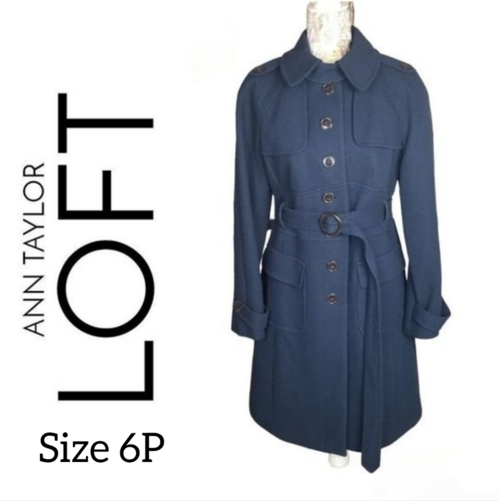 LOFT Dark Slate Blue Pea Coat with belted waist size 6 P - Picture 1 of 7